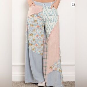 H007 New Blue Velvet L W16 Patchwork Wide-Leg Pants in Pink & Light Blue Star